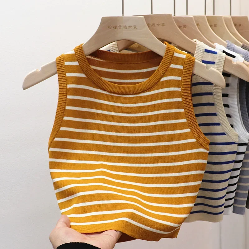 ฤดูร้อนฤดูใบไม้ผลิลายเสื้อผู้หญิงแขนกุดถักเสื้อยืด Crop Tops หญิง Elastic Slim Casual เสื้อ Camis