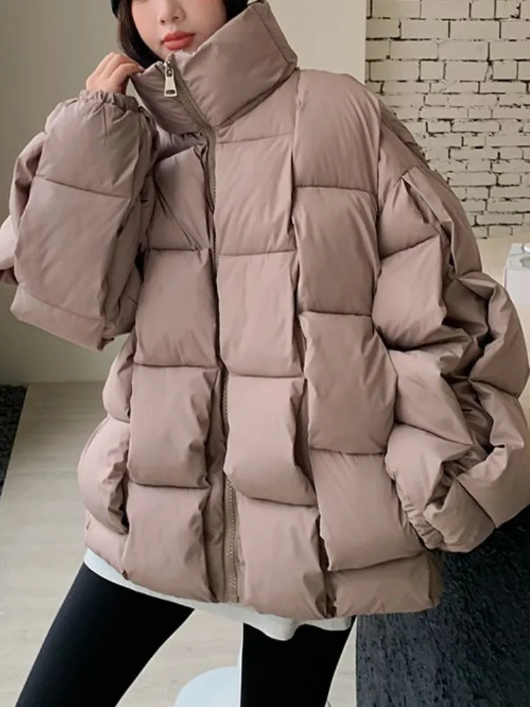 Jaqueta de inverno para mulheres tridimensional xadrez tecido moda casaco sólido high street quente e grosso 2023 inverno nova jaqueta para baixo