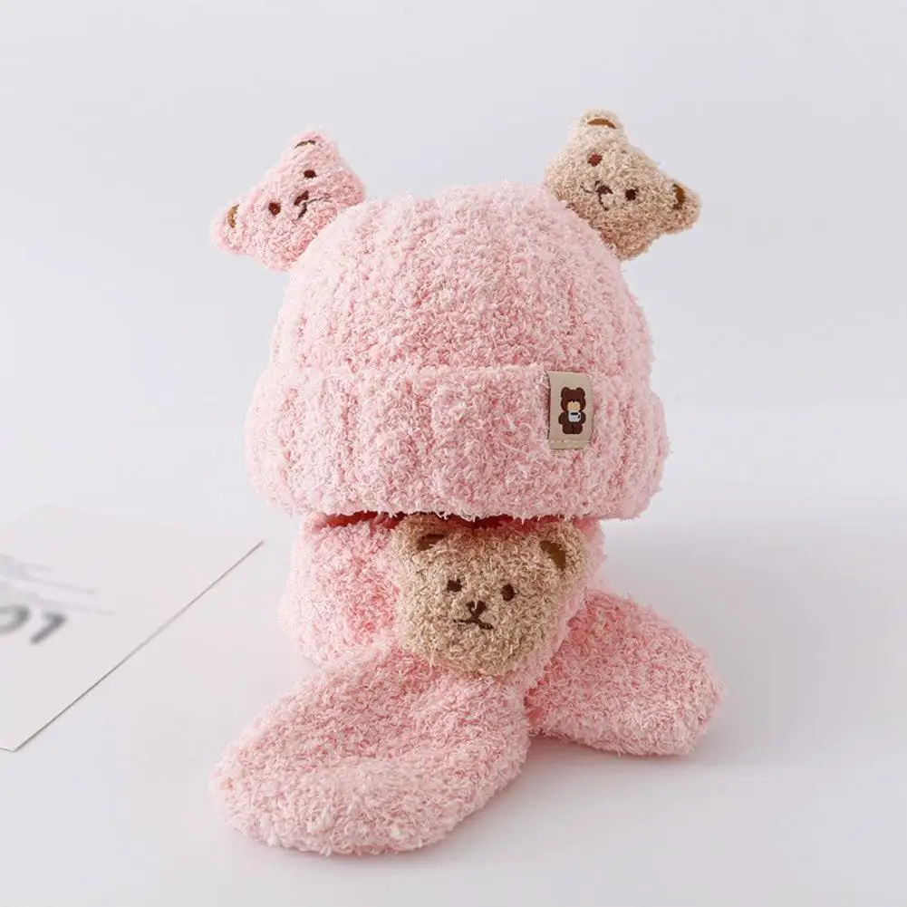 Conjunto de cachecol e chapéu de inverno de urso fofo para crianças de 3 meses a 1,5 anos de lã grossa com capuz e caveira, roupa quente para crianças