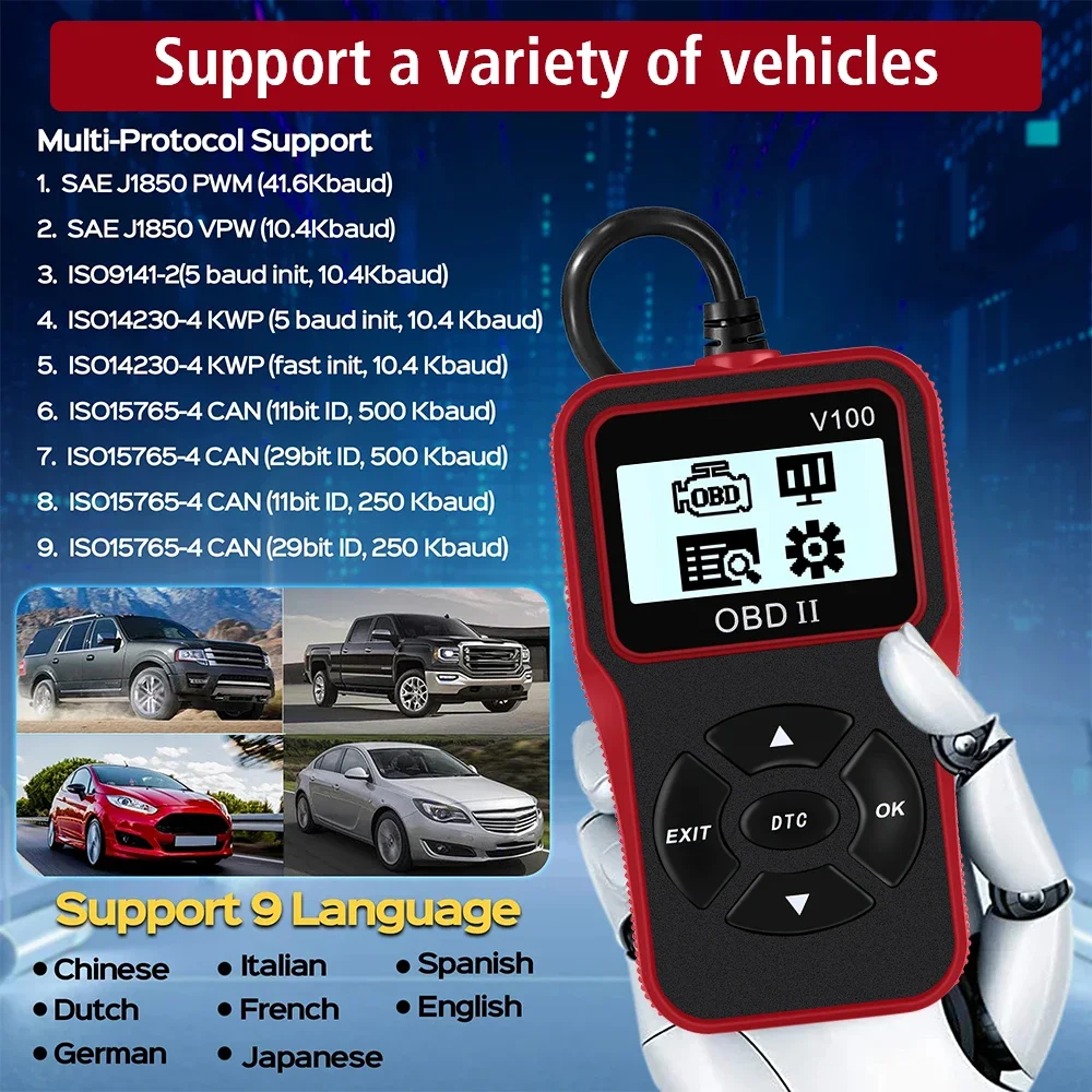 Ferramentas de diagnóstico de carro v100 obdii eobd acessórios automotivos universal plug and play display digital obd 2 scanner leitor de código obd2