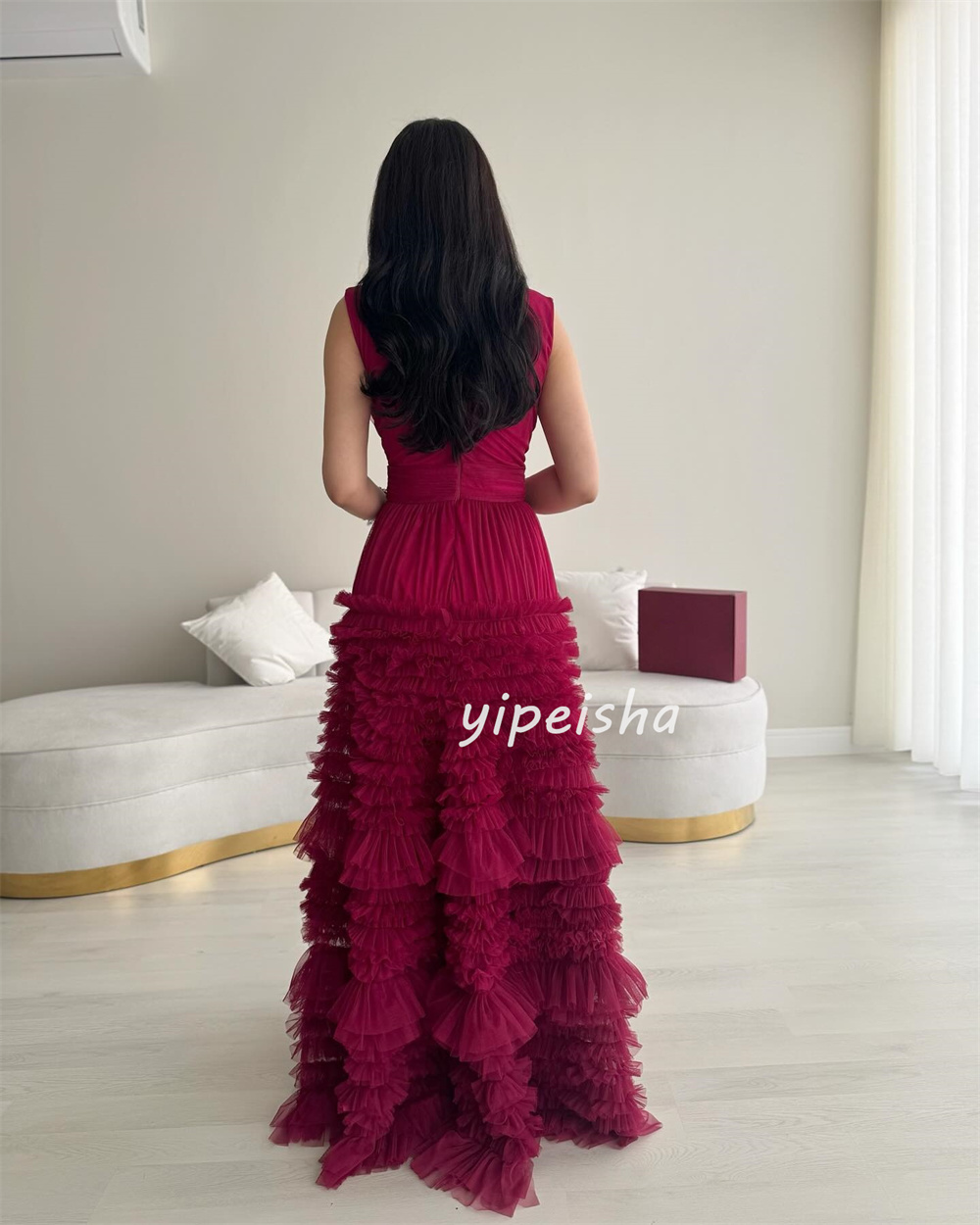 Moda personalizada clássico tule plissado ruched em camadas a linha com decote em v vestidos longos sob medida vestidos de ocasião combinando requintado