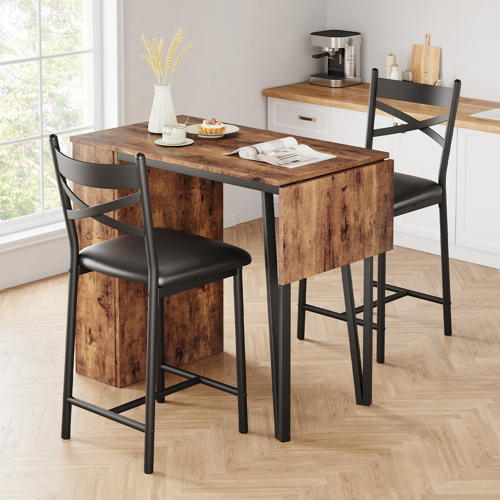 Mesa e cadeiras de bar de cozinha Conjunto de mesa de cozinha de 3 peças com 2 cadeiras estofadas com prateleiras de armazenamento para sala de jantar