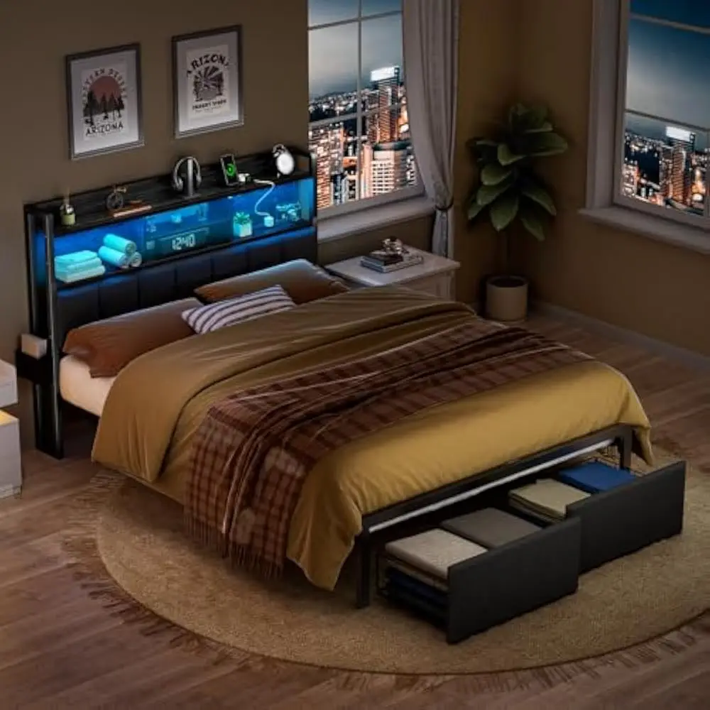 LED Queen Size Bed Frame with Storage Drawer and Charging Station, Metal Platform, No Box Spring Needed, Queen Size Bed Frame