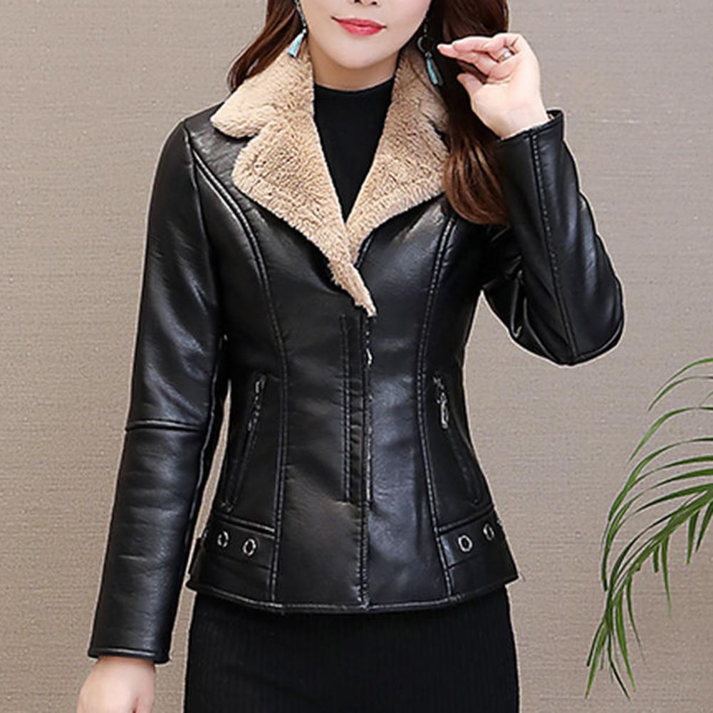 Chaqueta de mujer Chaqueta casual de piel sintética Elegante chaqueta de mujer de piel sintética con forro de felpa Cuello vuelto Cremallera para delgado