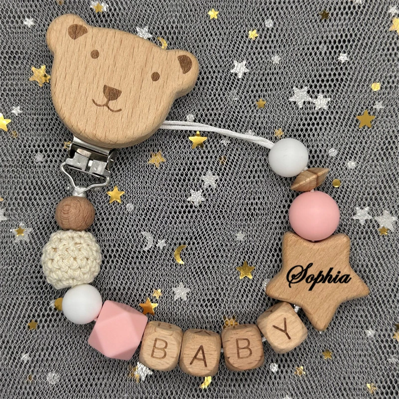 Handmade Personalized Custom Name Wood Bear Baby Pacifier Chain Clip Silicone Bead Holder With Name Teether Pendant Newborn Gift