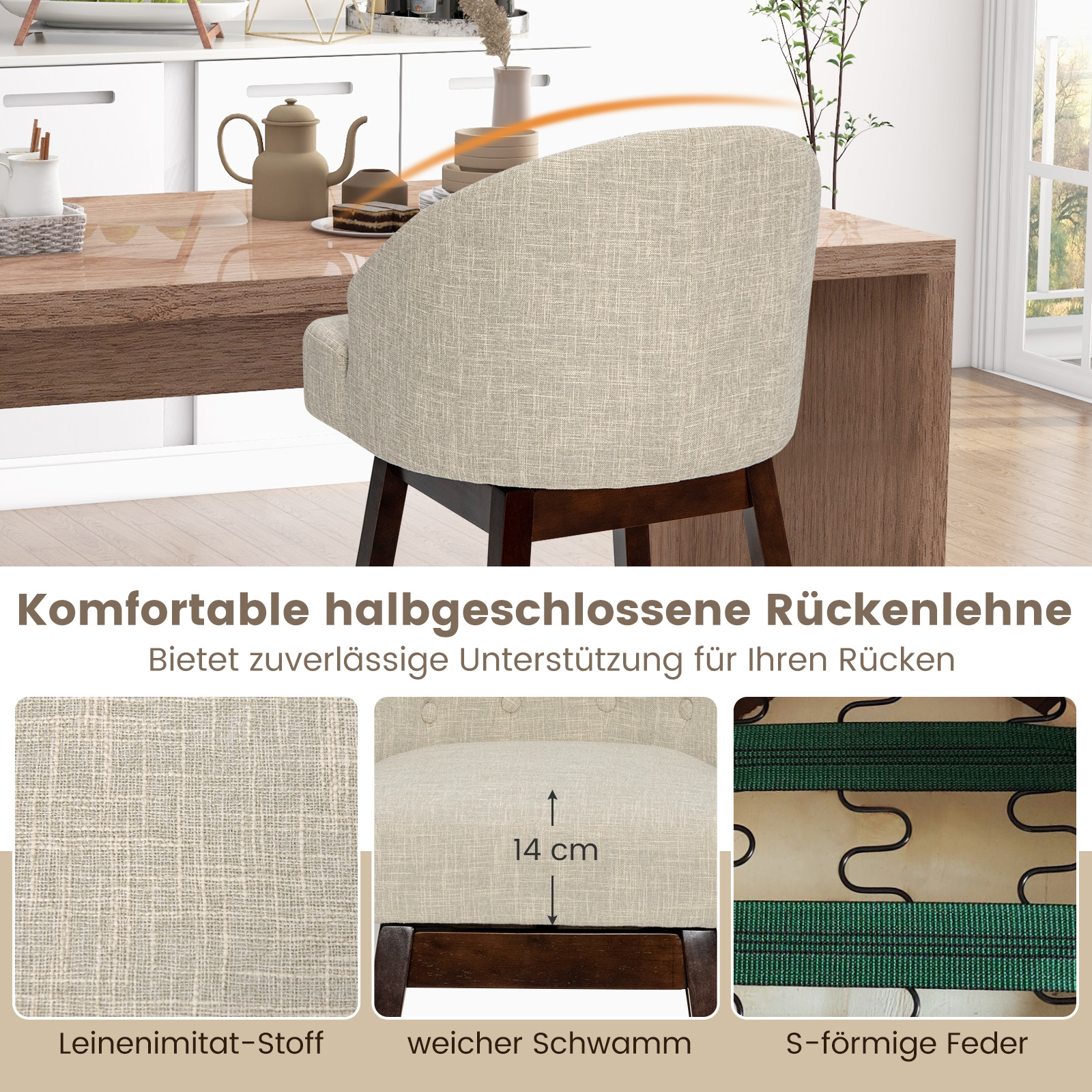 Barhocker 2er Set, Barstuhl 360° drehbar, Küchenhocker mit Lehne und Fußstütze, Sitzhöhe 78cm, Stuhl modern, ideal für Bar
