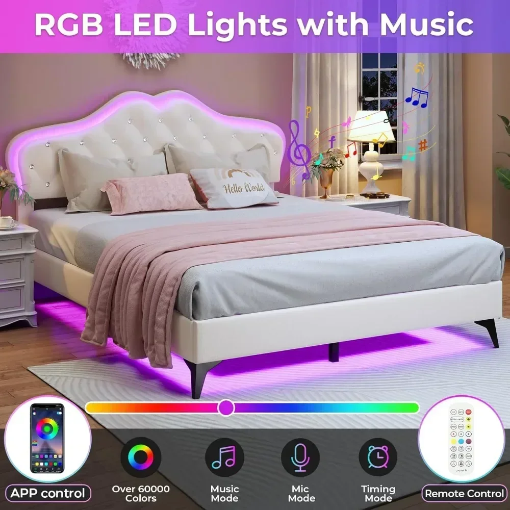 Full Size Bed Frame with LED Lights, Adjustable Headboard, Crystal Button, Solid Wood Slats Support, Princess Platform Bed Frame