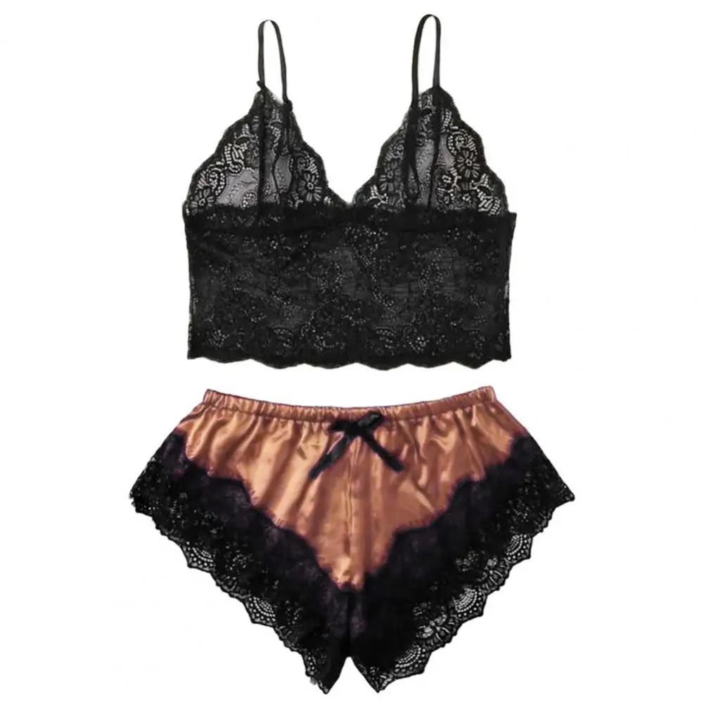 Shorts de spaghetti feminino, conjunto elástico de pijamas, camisola feminina monocromática, pijamas com renda