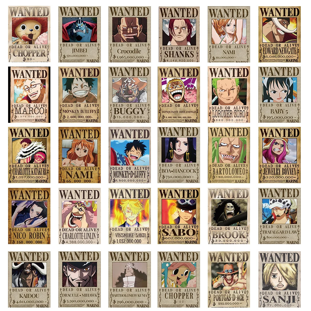 10/30/56 Uds. Pegatinas de carteles de Anime de una pieza Wanted, calcomanías de dibujos animados, decoración fresca para ordenador portátil, pegatina impermeable de pared para juguetes para niños