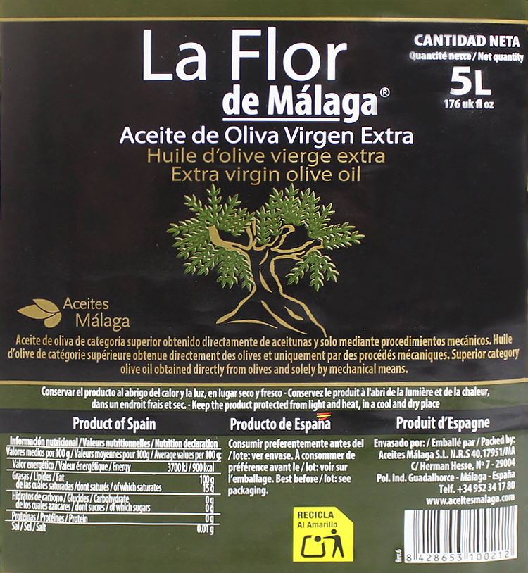 Aceite de oliva virgen extra flor de Malaga 5 litros garantizado recién enlatado