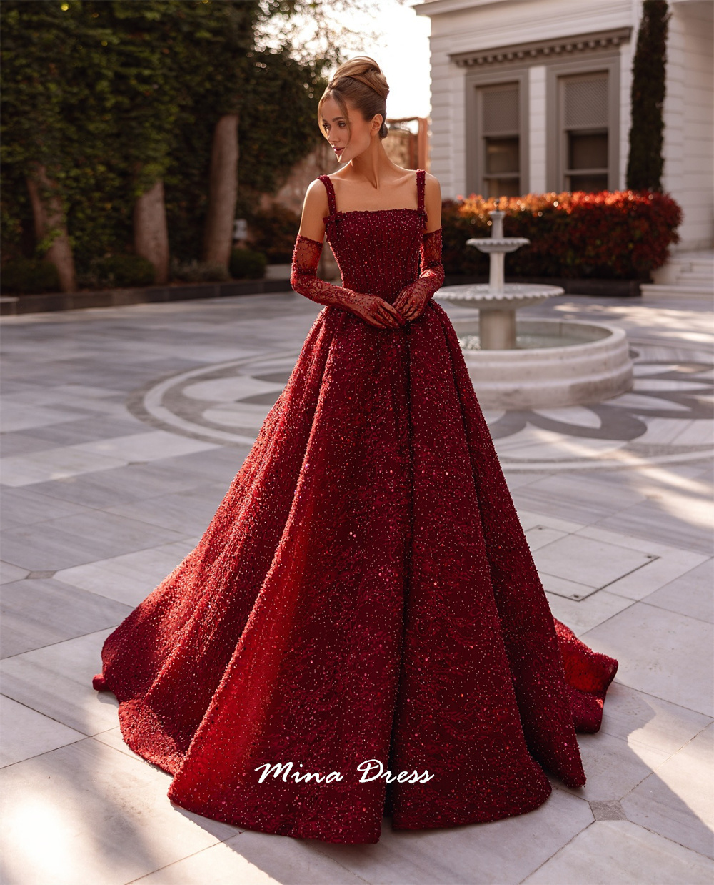 Mina Customized Beads Luxurious Women's Evening Dresses for Special Occasions Square Leader Back-length Party Elegant Woman Prom