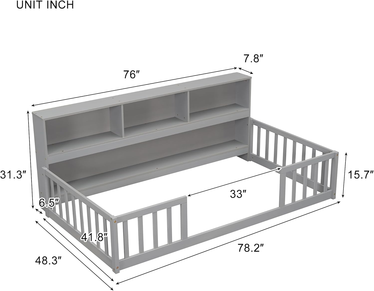 Kids Montessori Floor Bed,Twin Size Floor Bed with Bookcase and Shelves,Twin Bed Frame