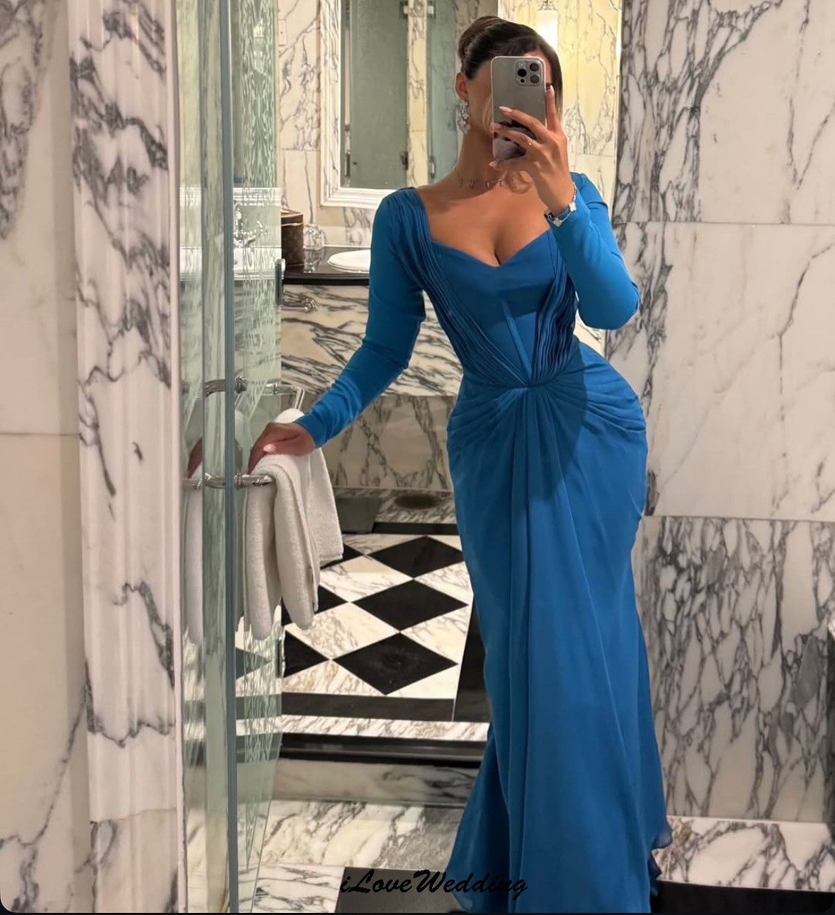Blue V-Neck Evening Dresses Elegant Chiffon Woman Wedding Party Dress Formal Ruched Mermaid Long Sleeve Ankle Length Customized