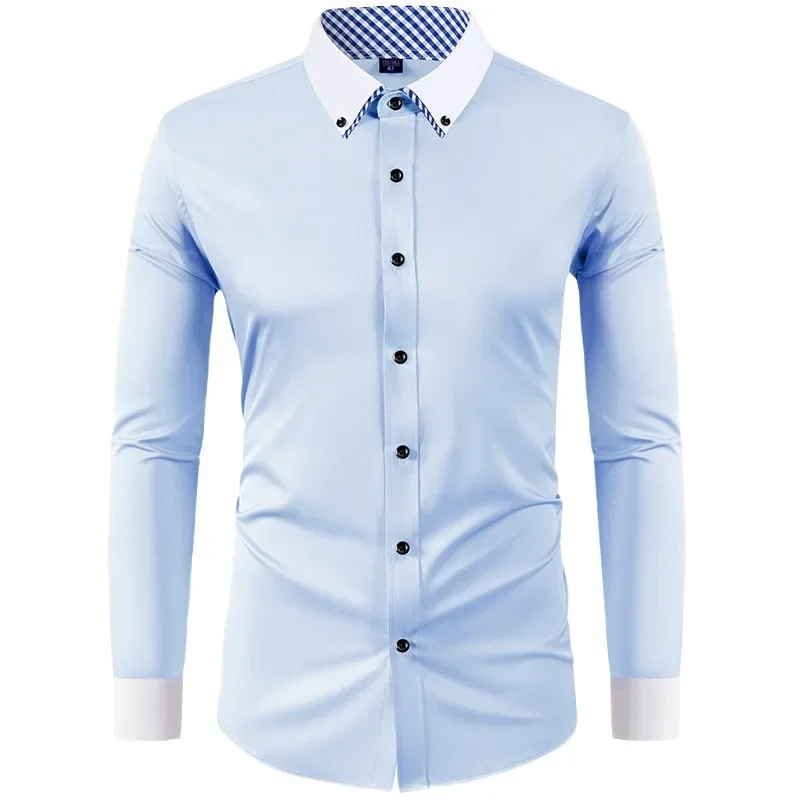 Camisa de manga larga elástica para hombre, camisa con hebilla de diamante, diseño de cuello contrastante, color sólido, ajustada, ropa para hombre
