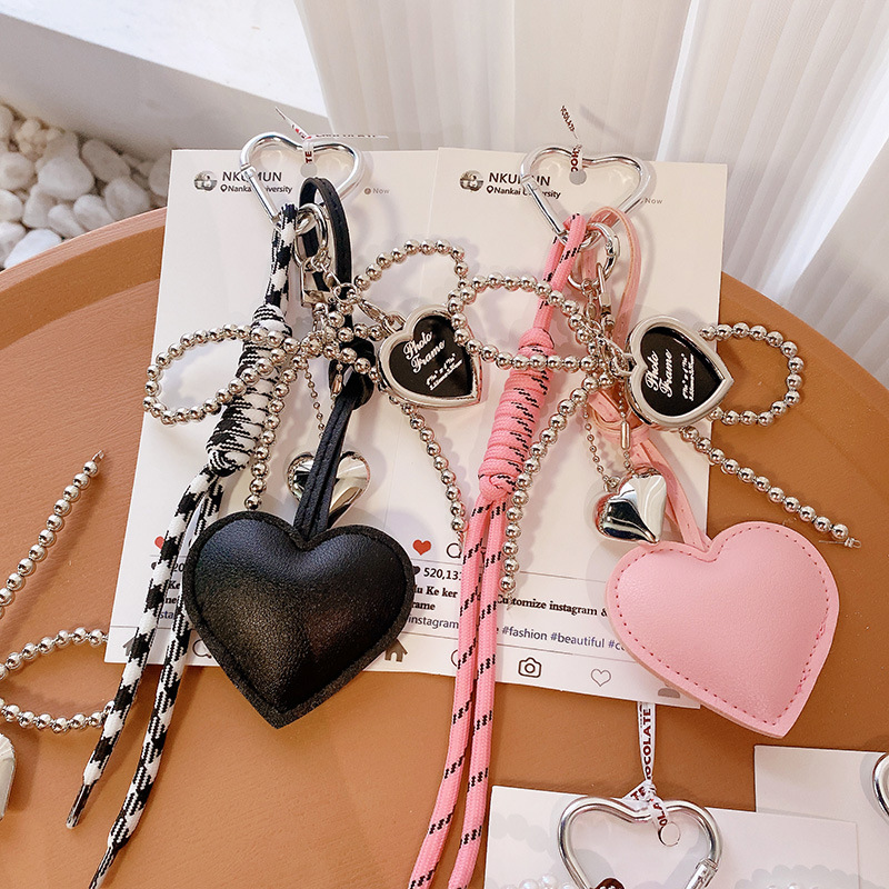Trendy Leather Heart Bow Keychain Delicate Beaded Keyring Car Key Holder Bag Pendant Decoration For Girls Gift
