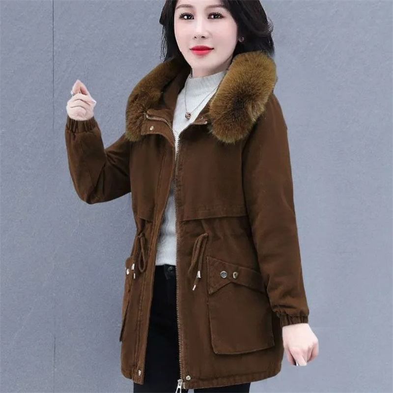Abrigo acolchado de algodón con cuello de piel desmontable para mujer, Parkas de talla grande 5XL, prendas de vestir, chaqueta acolchada de estilos medio largo 2024