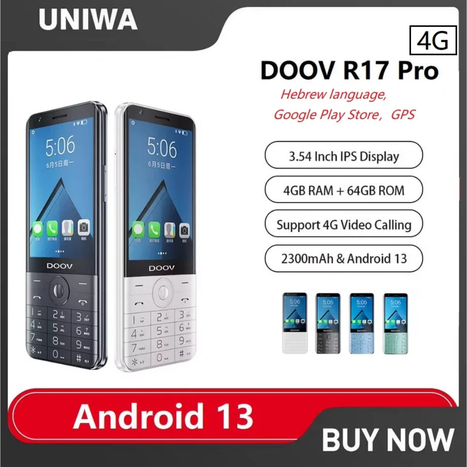 UNIWA DOOV R17 Pro 4G gran oferta teclado teléfono móvil pantalla táctil inteligente Android 13 3,54 "4GB 64GB 2300mAh teléfonos rusos y hebares
