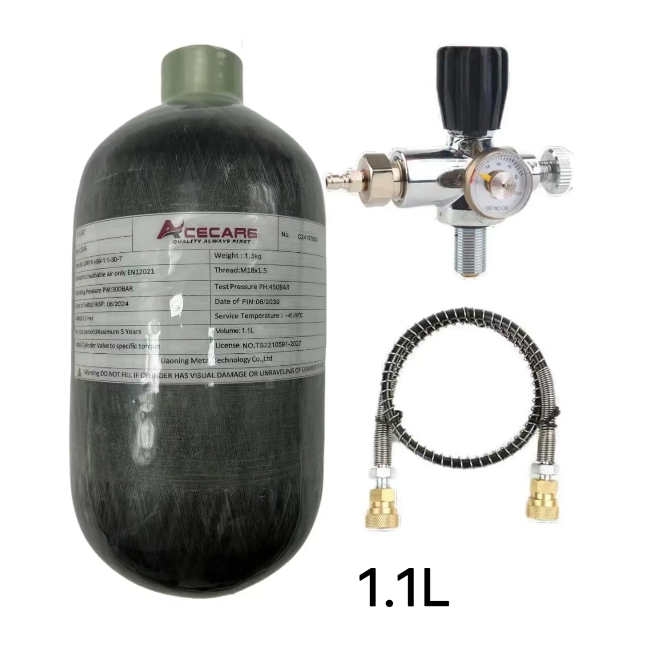 Acecare 4500Psi 300Bar 1,1L Kohlefaserzylinder mit Regelventil HPA Tank Hochdruckflasche Tauchen M18*1,5