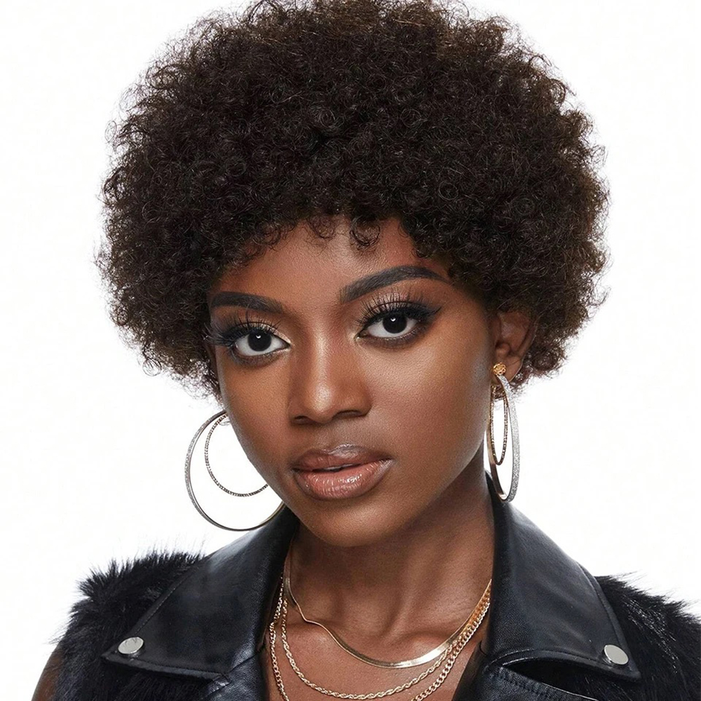Afro Kinky Curly Pixie ตัด Bangs วิกผมผมมนุษย์สีดําธรรมชาติวิกผมสั้นเต็มรูปแบบทําวิกผมธรรมชาติเปลี่ยนวิกผม