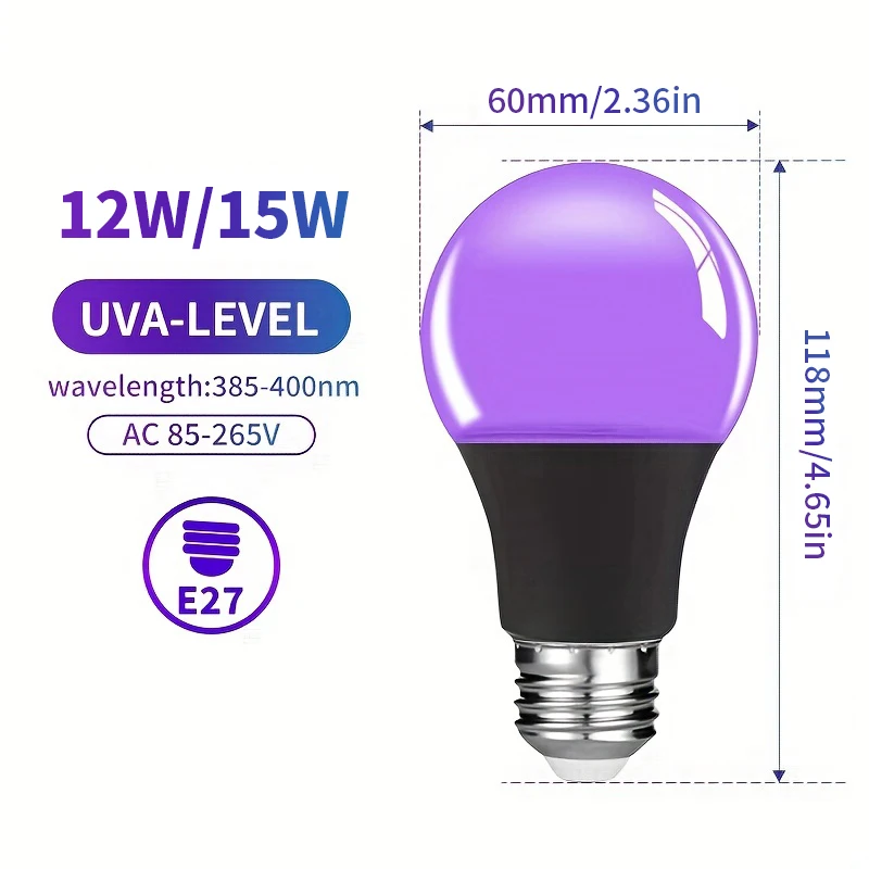 Lampadina LED viola 12W 15W AC 85-265V Viola Copertura trasparente Party Ghost House Luce decorativa per atmosfera fluorescente