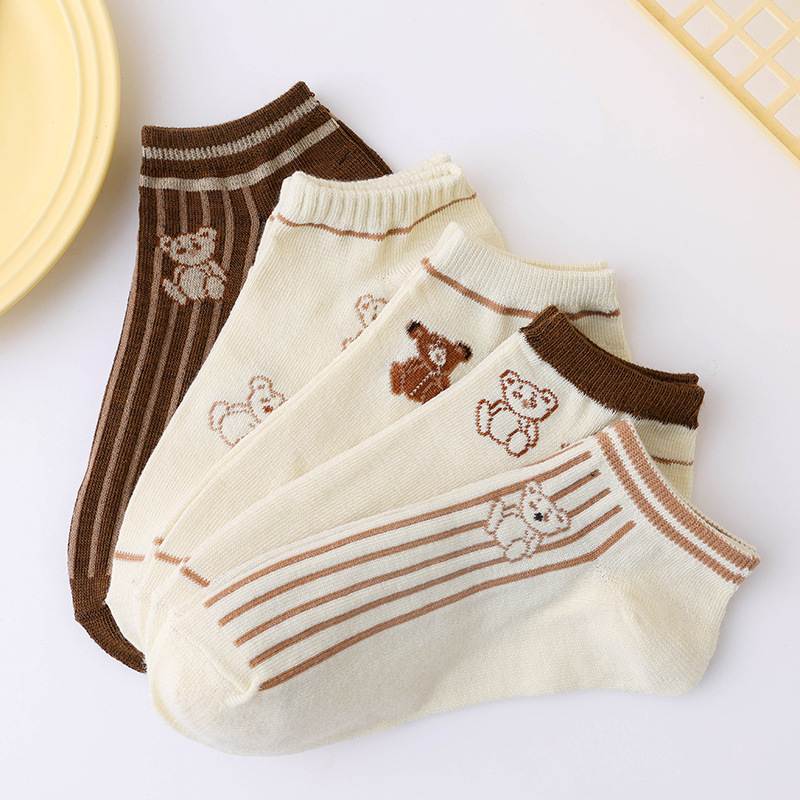 Conjunto de calcetines de tubo bajo para mujer, medias cómodas con patrón de oso, transpirables, estilo informal, 5 pares
