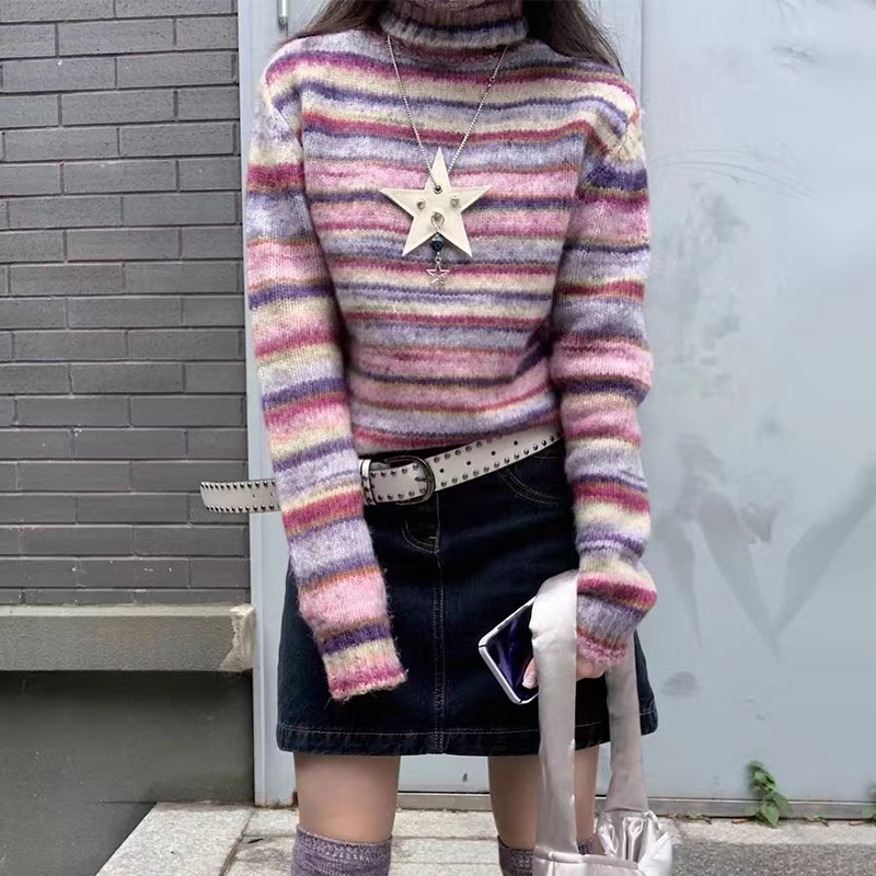 Karrram ญี่ปุ่น Y2k เสื้อคอเต่า Vintage Rainbow ลายเกาหลีแฟชั่นถักจัมเปอร์ Harajuku Grunge เสื้อถัก