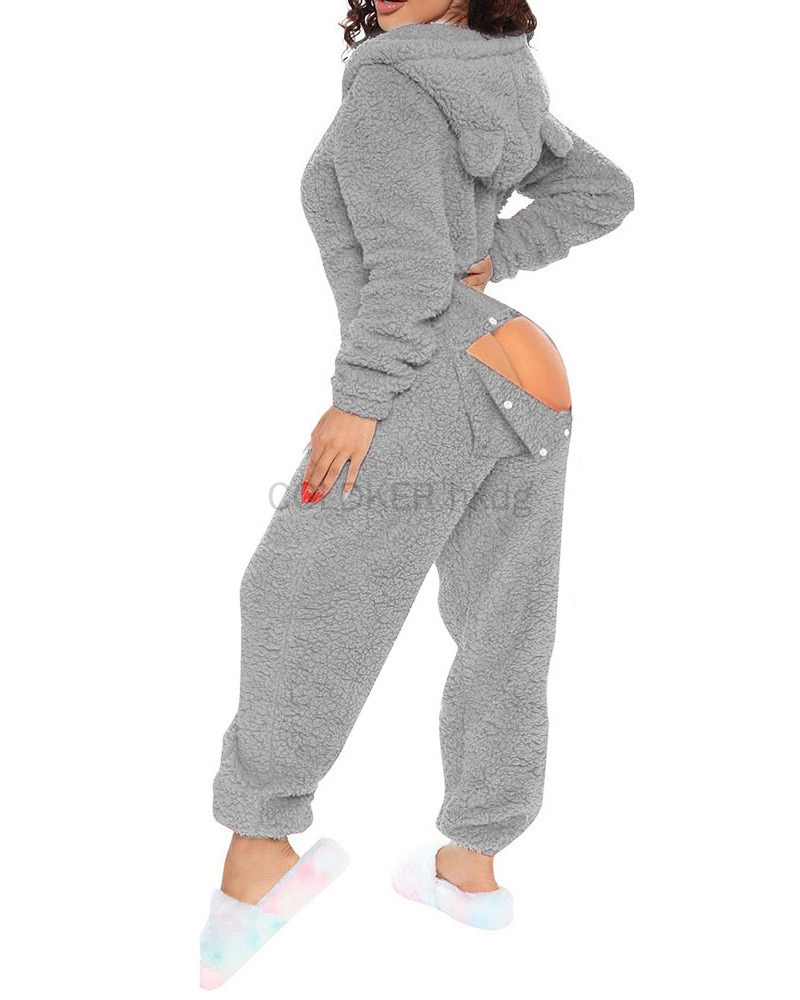 Frauen Overall Langarm Pyjama Zipper Mit Kapuze Overall Casual Winter Warme Nachtwäsche Sexy Butt Taste Zurück Klappe Hause Kleidung