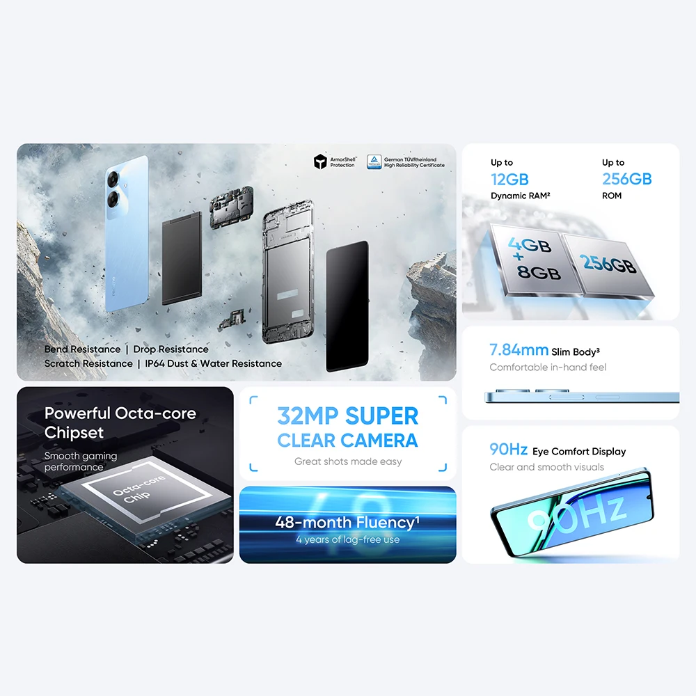 Realme nota 60 4 + 256gb 6.74 ''90hz display telefone 32mp câmera clara 5000mah ip64 à prova dip64 água resistente a quedas proteção completa