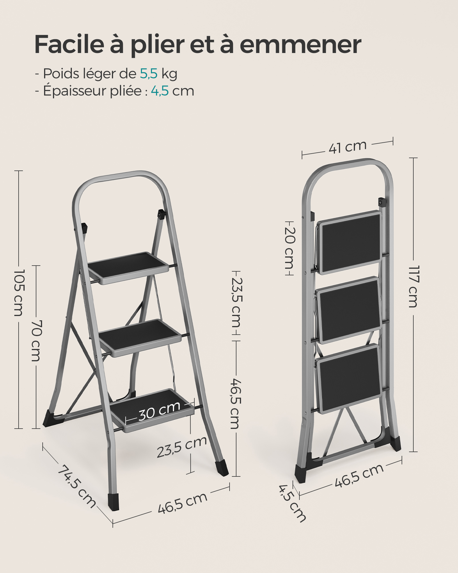 SONGMICS Marchepied 3 Marches Pliable, Escabeau, Verrou de Sécurité, Facile à Ranger, Charge 150 kg