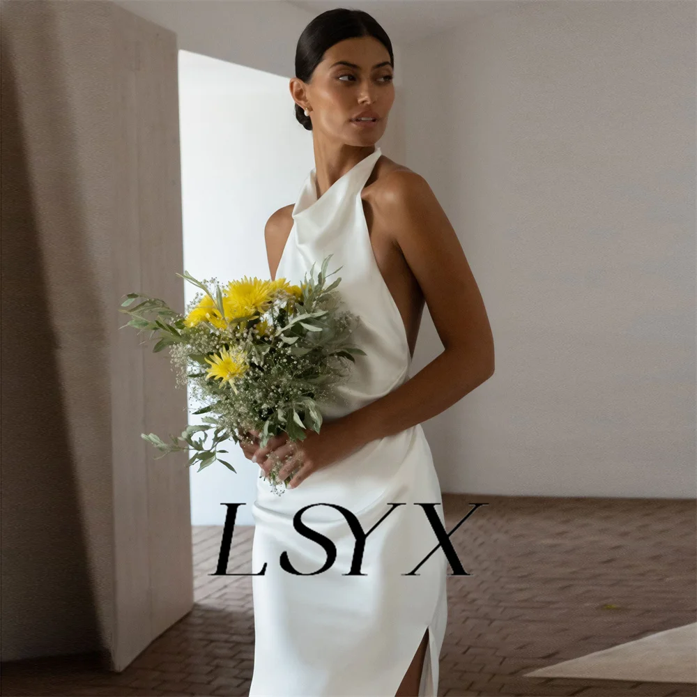 LSYX Aangepaste halter mouwloze eenvoudige zeemeermin trouwjurk satijn open rug hoge zijsplit vloerlengte bruidsjurk
