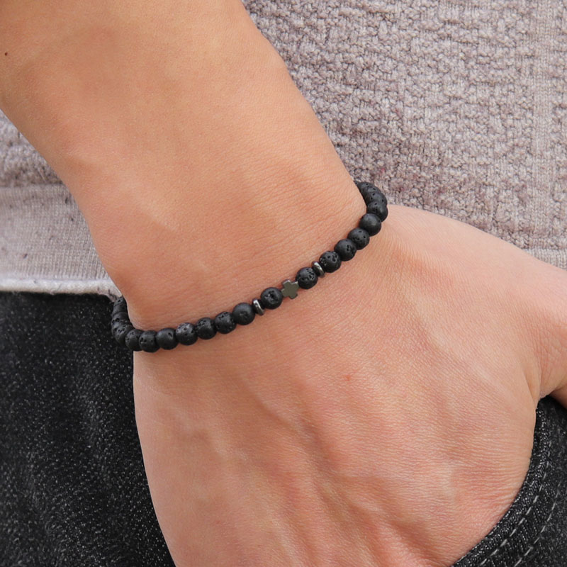 Simples cruz frisado pulseira masculino acessórios de vestuário 4mm natural lava howlite pedra braslet amuleto casual homme jóias pulseira