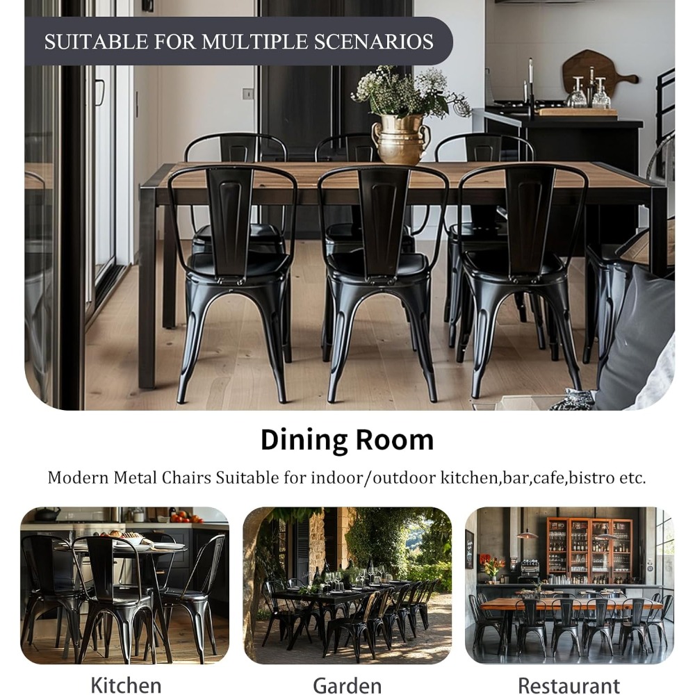 Metal Dining Chair Set of 4 Stackable Indoor Outdoor Industrial Vintage Chairs Bistro Restaurant Kitchen Cafe Side Chairs Matte