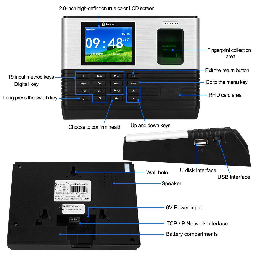 Yettao 2.8 polegadas wifi rfid biométrico impressão digital comparecimento do tempo tcp/ip usb escritório check-in sistema real e relógio de tempo software gratuito