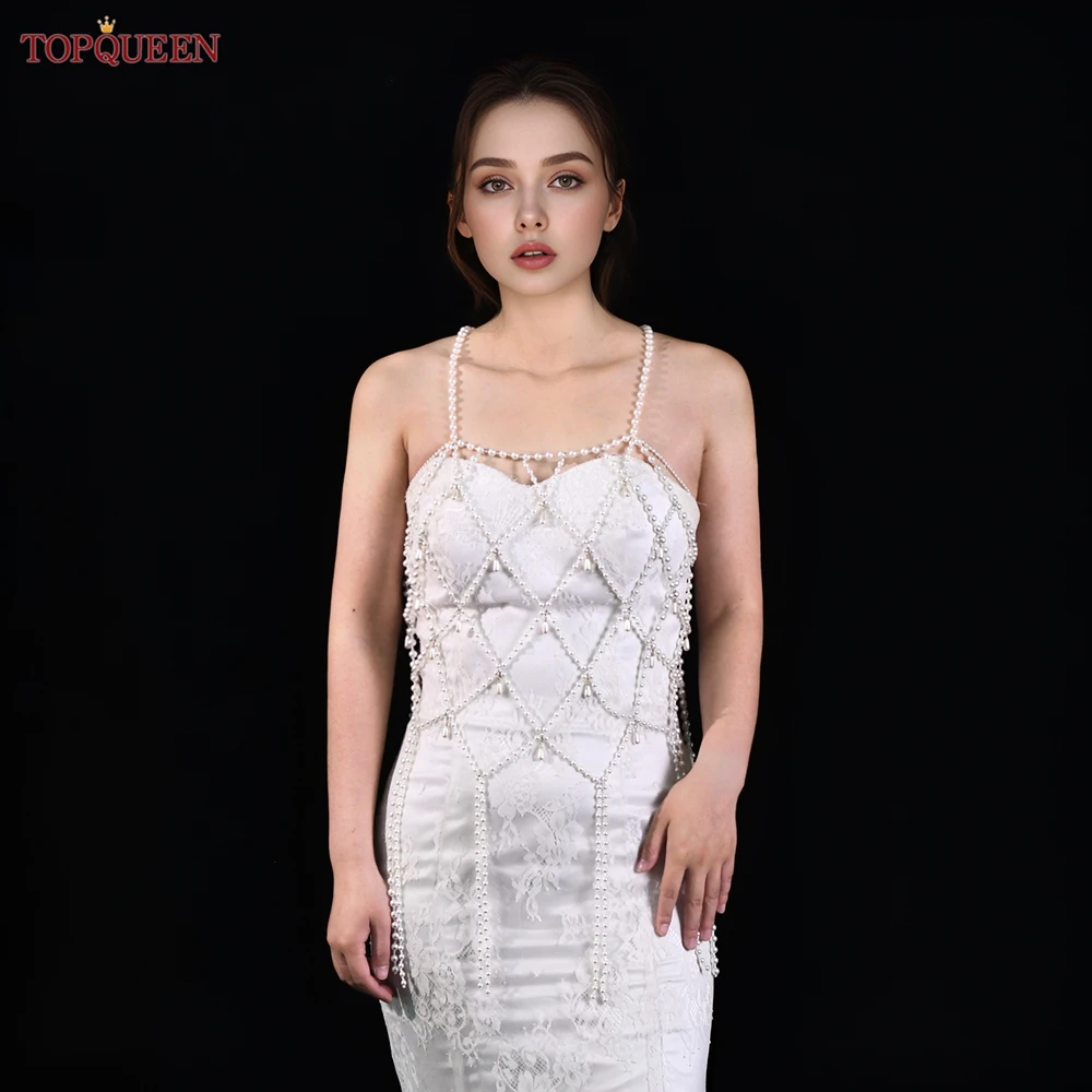 TOPQUEEN gaun pernikahan Fishtail rantai tubuh mutiara mewah dengan kalung jubah Bikini seksi Vestidos De Noite Vg115