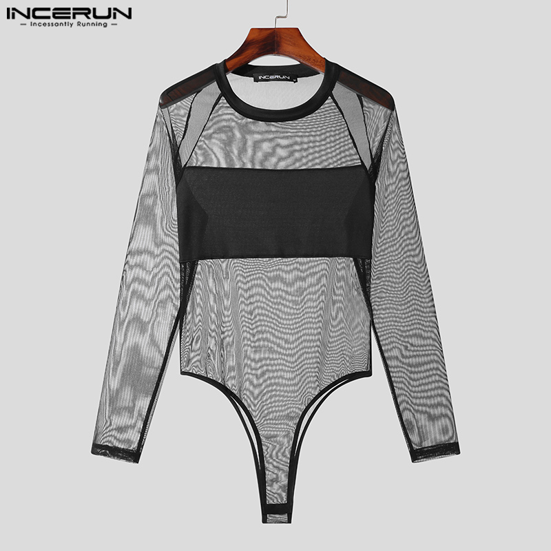 Incerun-メンズ長袖ボディスーツ,ニット,パッチワーク,ラウンドネック,セクシー,ファッショナブル,2023