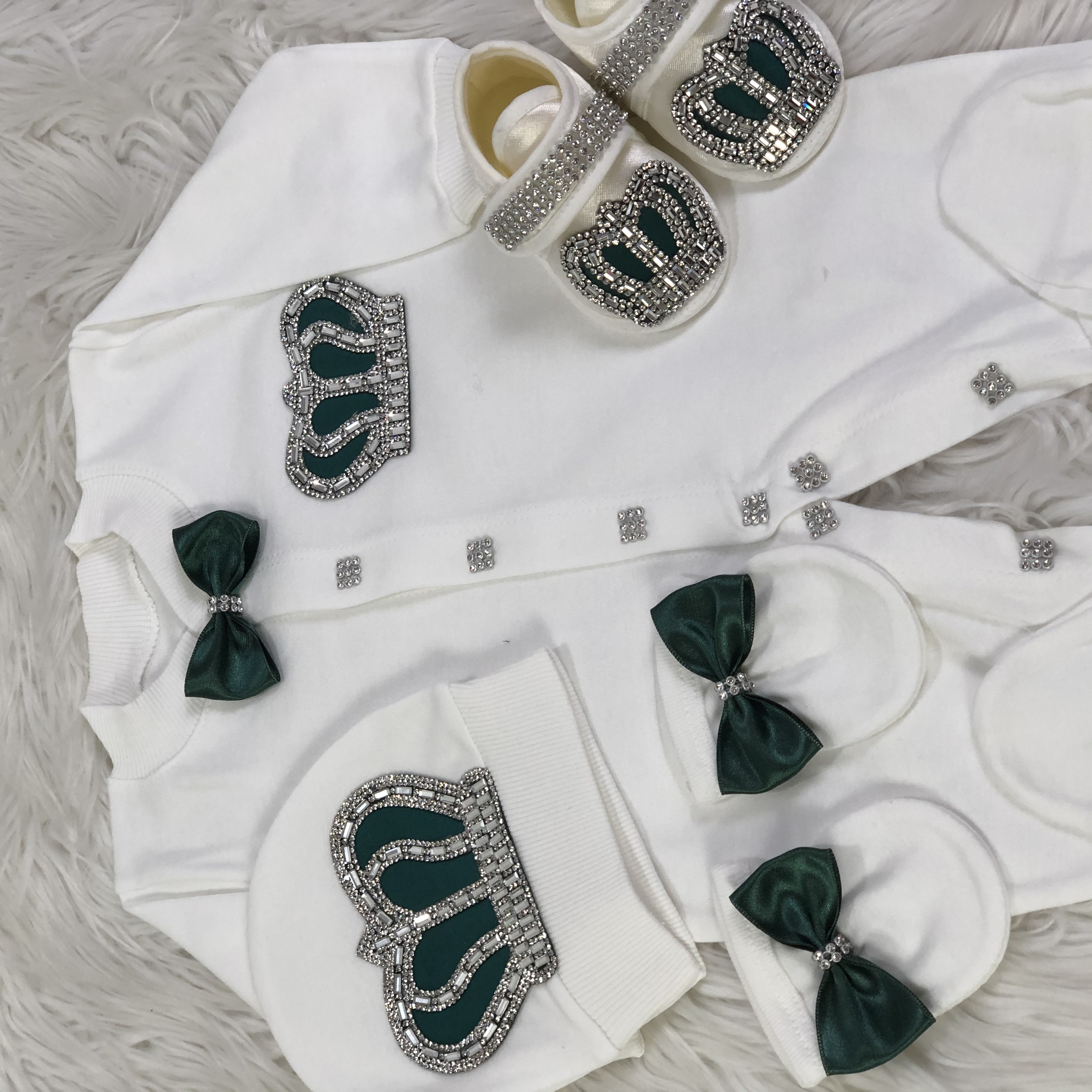 Dollbling エメラルド ゴールド クリスタル 高級ベビー ブリンブリン ロンパース セット 私の 1st クリスマス写真撮影 4 個ロンパース帽子ミトン靴セット