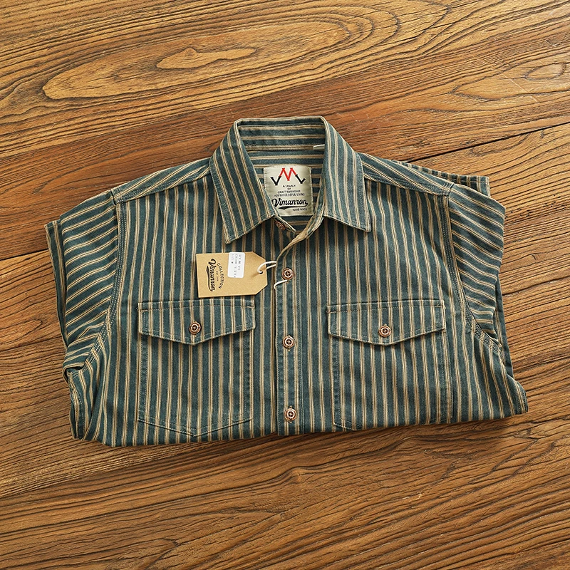 Csa Vaquera Retro Desgastada con Rayas Vertics Azules, Csa de Trabajo Hoada de Manga Larga Estilo Americano para H...