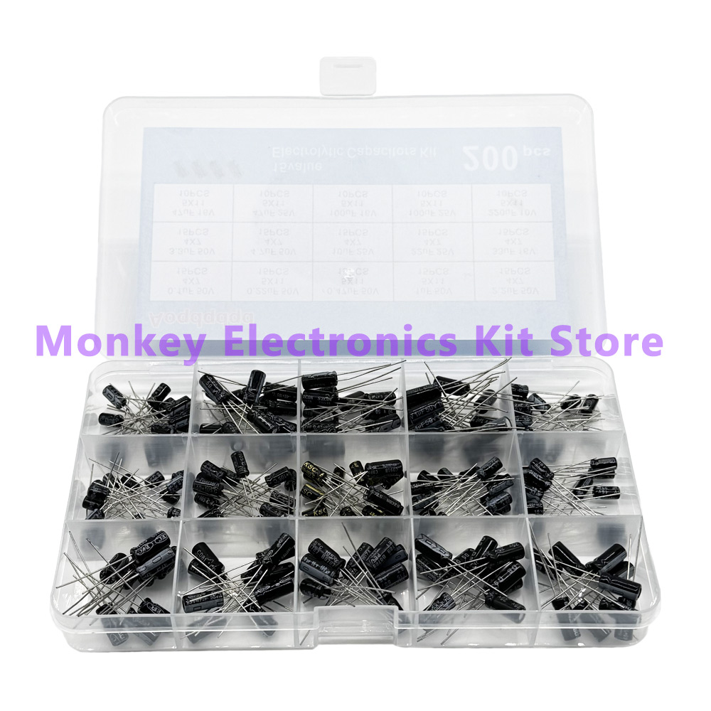 200 unids/lote 15 valores 10V 16V 25V 50V 0,1uF-220uF 0,22uf 2,2uf 100uf juego de condensadores radiales Kit surtido de condensadores electrolíticos