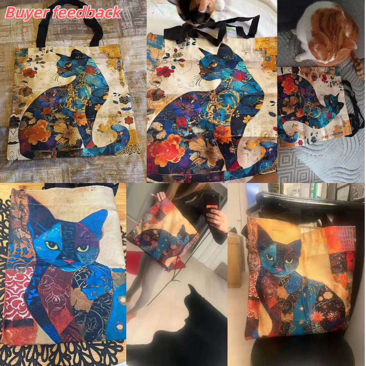 Shopping Bag Cat Floral Design Handbag Retro Pattern Tote Bag Daily Casual Shoulder Bag Large Capacity Practical Shopping Bag