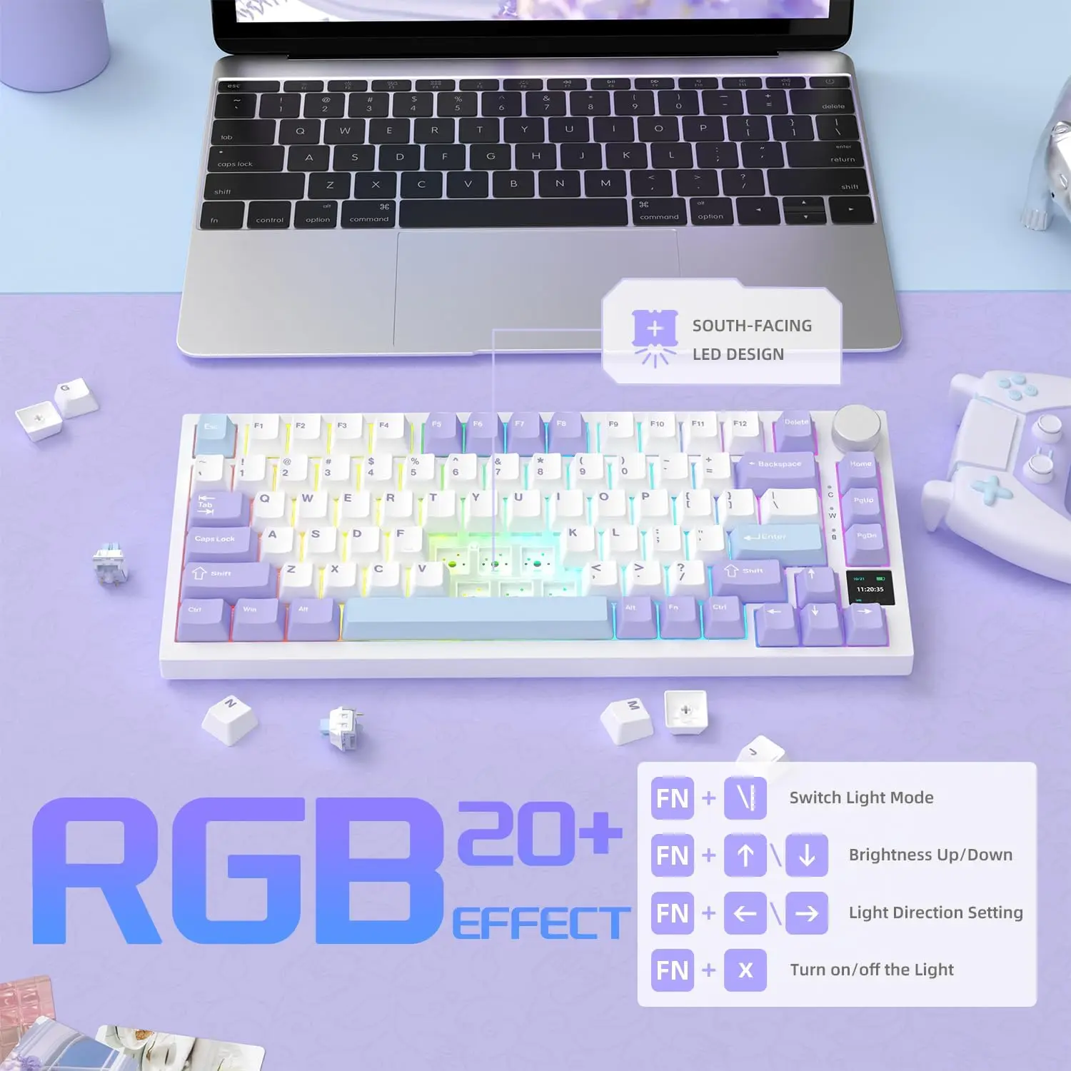 AJAZZ AK820 Tastiera da gioco meccanica cablata con layout al 75% con manopola del volume, LED frontale sud, copritasti PBT, RGB programmabile