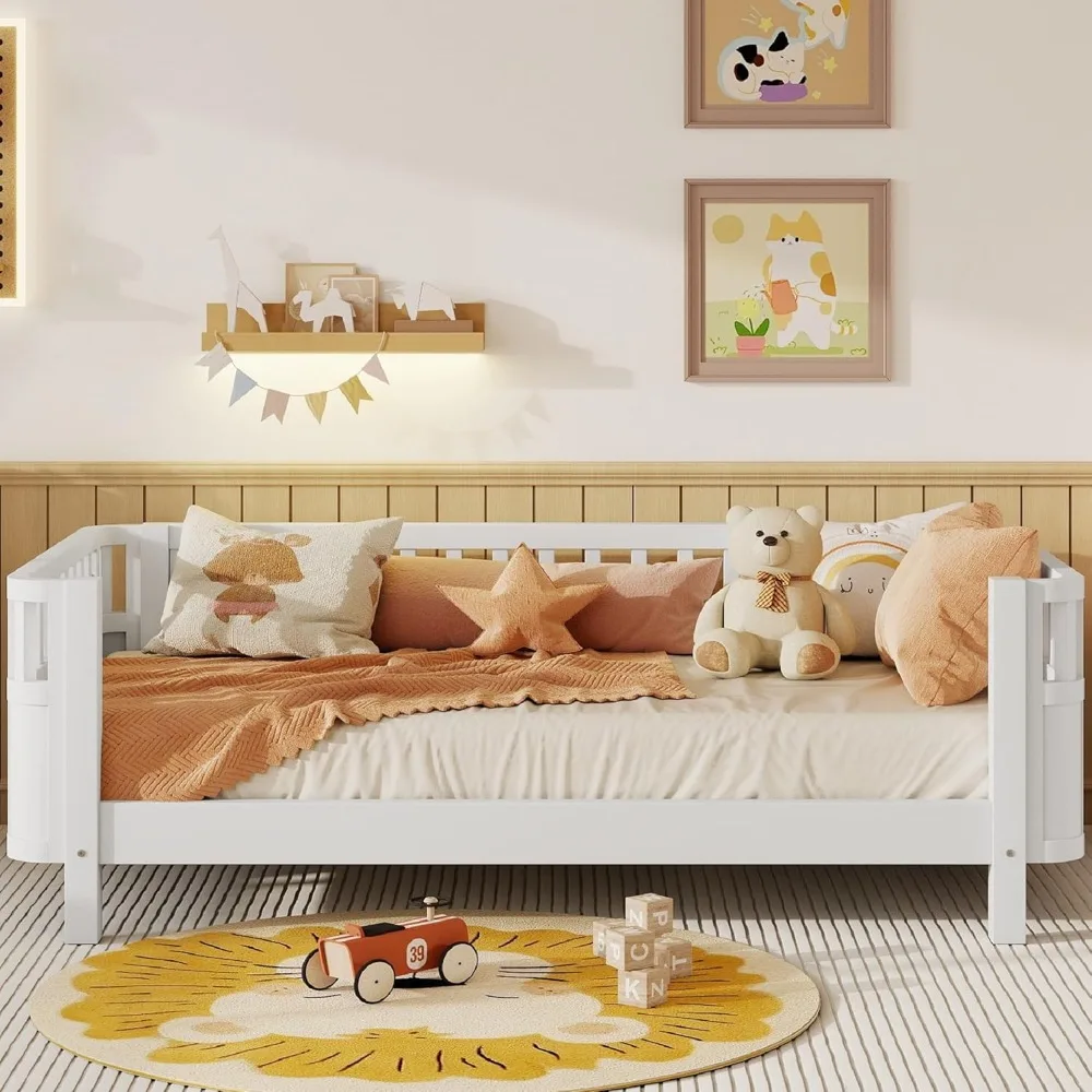Full Size Wooden Floor Bed, Montessori Platform Bed Frame with Low Profile & Safety Rails, Space Saving Kids Beds for Boys Girls