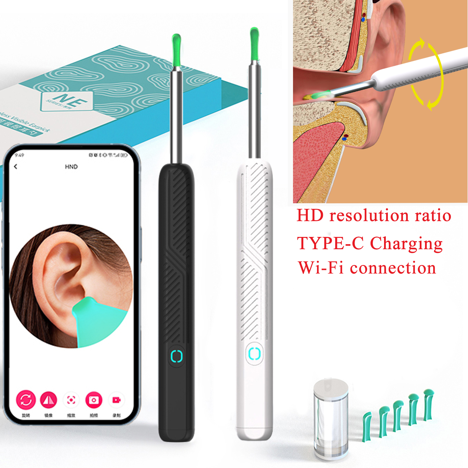 Wireless WiFi Ear Cleaner with HD Camera LED Otoscope for Ear Wax Removal USB-C Rechargeable Smart Visual Ear Picker & Borescope