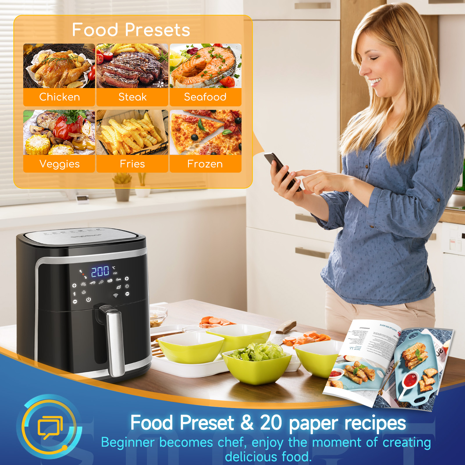 Freidora de Aire Inteligente Sin Aceite, 7L, Pantalla LED Táctil, 7 Funciones Preestablecidas + Mantener Caliente y Modo Manual, Cesta Antiadherente Extraíble, Conexión Wifi, Libre de BPA, 1900W