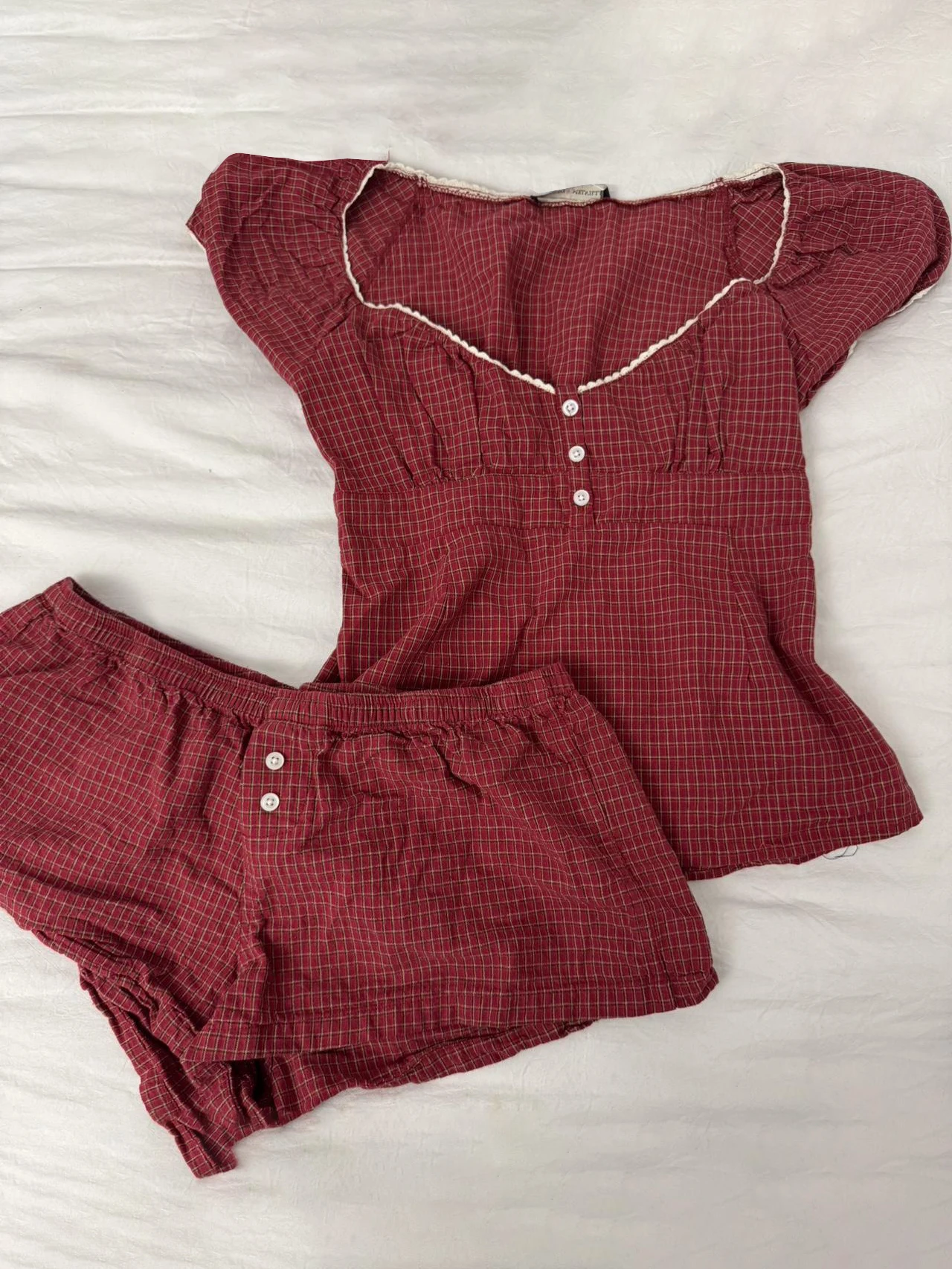 Rot kariertes T-Shirt-Shorts-Set für Damen, Sommer, Schnürung, Puffärmel, Bluse + Knöpfe, elastische Taille, kurze Hosen, Baumwolle, süße 2-teilige Sets