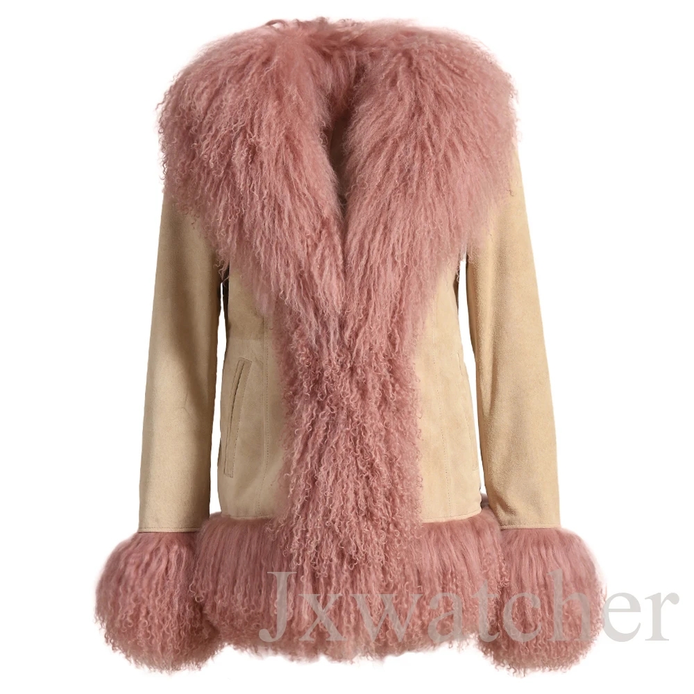 Jxwatcher veste en cuir pour femme garniture en fourrure de mouton mongole manteau en cuir suédé véritable dames hiver chaud veste en cuir véritable automne