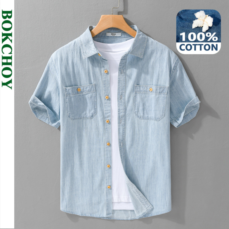 Novedad de verano, camisas informales de mezclilla de manga corta, ropa para hombre, ropa de calle suave delgada y fina de algodón puro FY9358