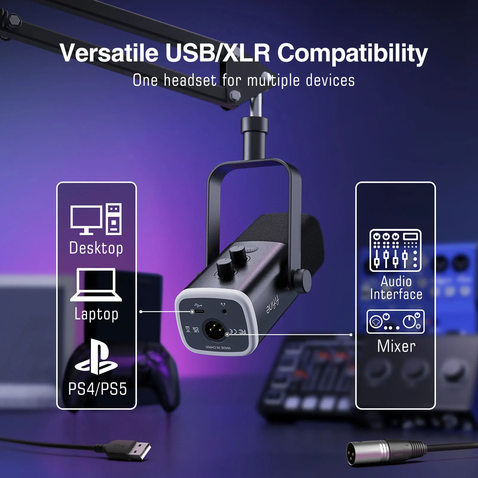 Zestaw mikrofonu gamingowego FIFINE XLR/USB z gniazdem słuchawkowym/wyciszaniem/RGB/stojakiem, zestaw mikrofonu dynamicznego do miksera PC PS5/4 AmpliGame AM8T