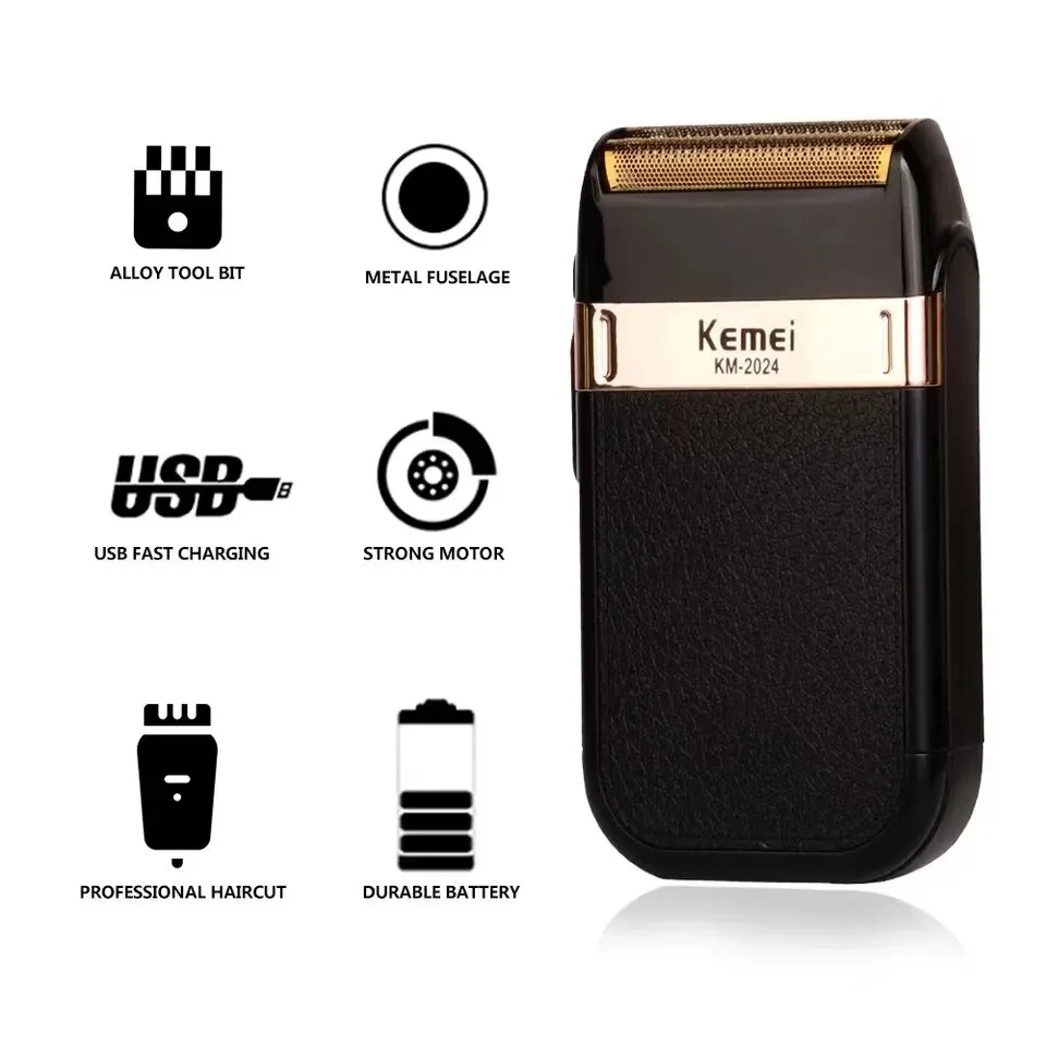 Afeitadora eléctrica Kemei KM-2024, Afeitadora eléctrica profesional recargable por USB para hombres, Afeitadora de barba resistente al agua con carcasa de cuero