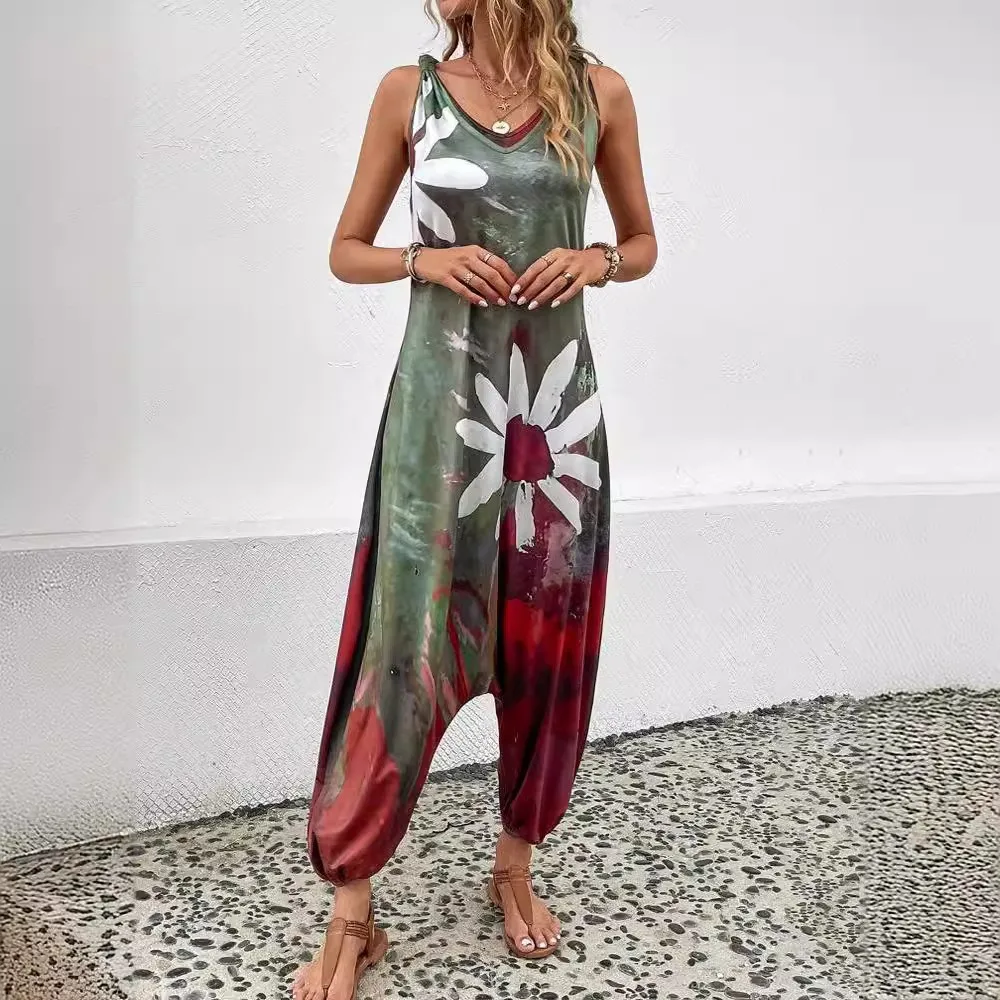 2024 frühjahr/Sommer AliExpress Kreuz grenze Europäischen und Amerikanischen Neue frauen Mode Gedruckt Ärmellose V-ausschnitt overall für frauen