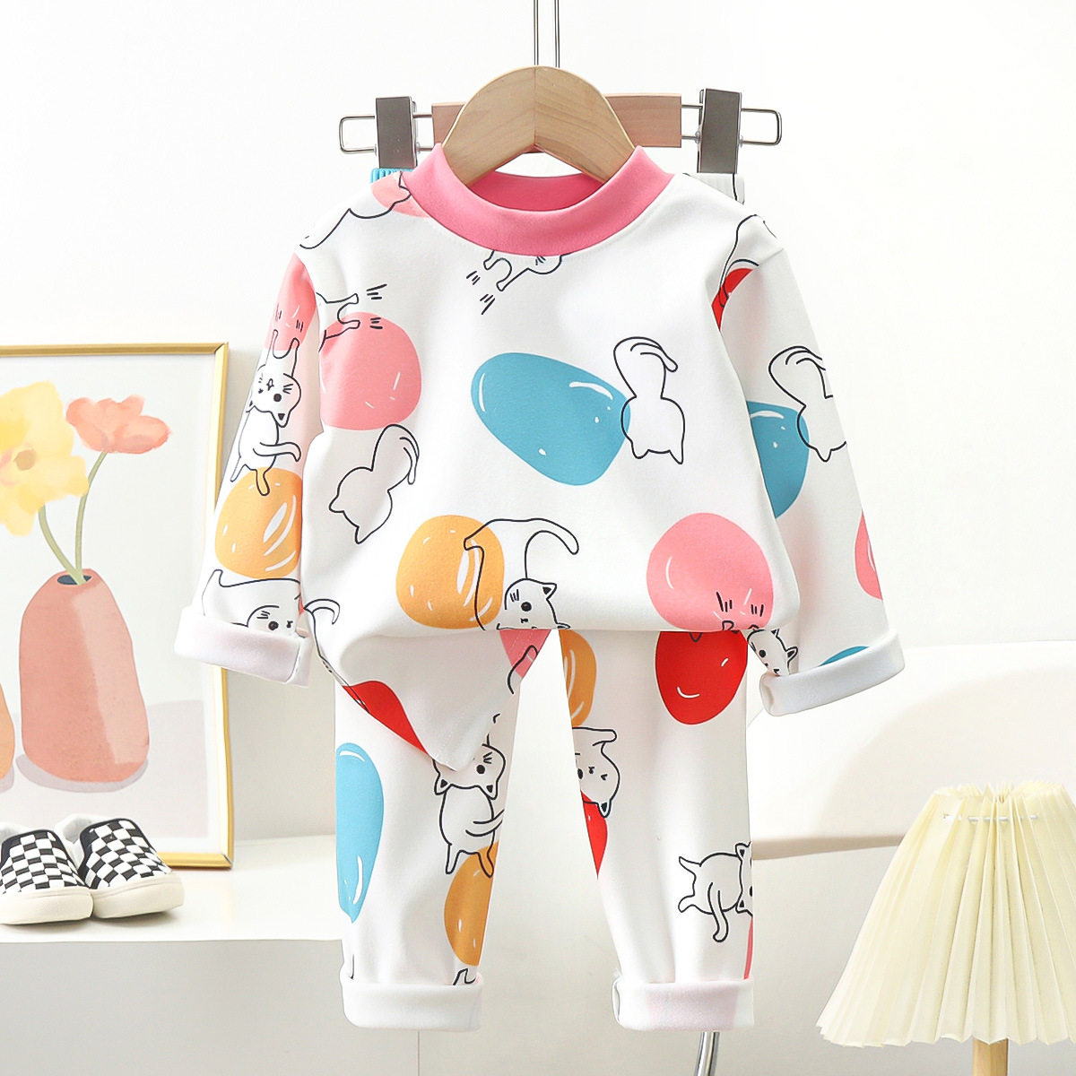 ニューキッズ秋暖かいパジャマ男の子女の子かわいい漫画クマ長袖 Tシャツトップ + パンツベビーパジャマ下着服セット